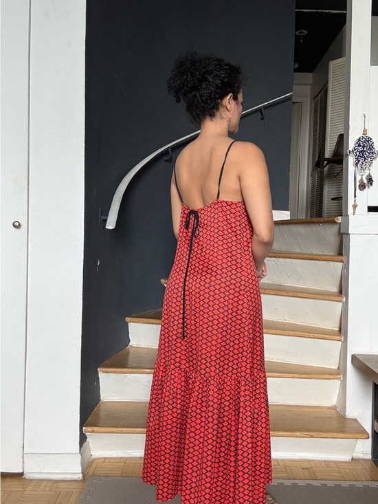 Sacada Dresses & Skirts - 🇧🇷 Red & Black Printed Midi Dress – Open Back Tie Detail  Size S Made in Brazil